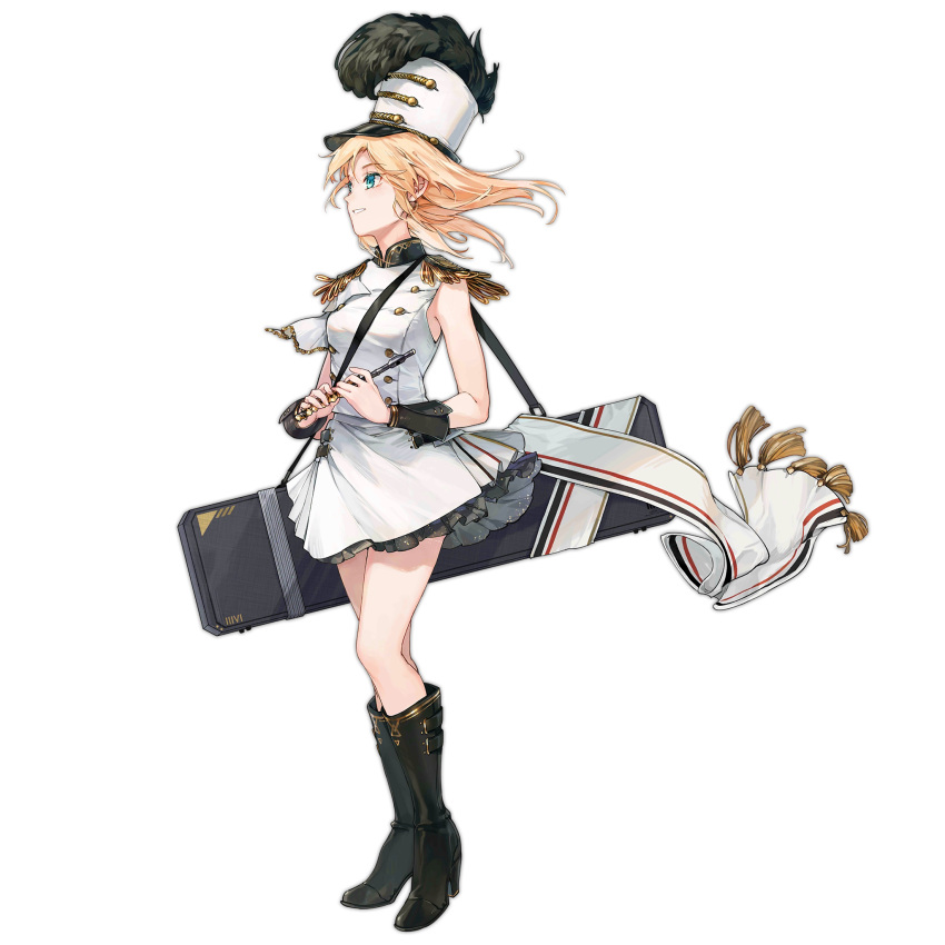 1girl black_footwear black_wrist_cuffs blonde_hair blue_eyes boots breasts epaulettes full_body g36_(girls'_frontline) g36_(watcher_of_the_light)_(girls'_frontline) girls'_frontline grin hat hat_feather highres holding holding_instrument instrument knee_boots long_hair looking_to_the_side marching_band medium_breasts no_socks official_alternate_costume official_art piccolo_(instrument) shako_cap shirt shuzi simple_background skirt sleeveless sleeveless_shirt smile solo transparent_background weapon_case white_shirt white_skirt
