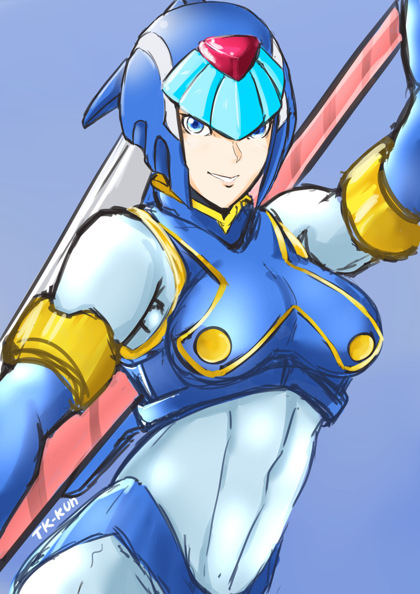 1girl absurdres android arm_up artist_name blue_background blue_eyes breasts closed_mouth helmet highres holding holding_polearm holding_weapon leviathan_(mega_man) looking_at_viewer mega_man_(series) mega_man_x_(series) mega_man_x_dive mega_man_zero polearm robot robot_girl signature simple_background smile solo spear tk1993 upper_body weapon