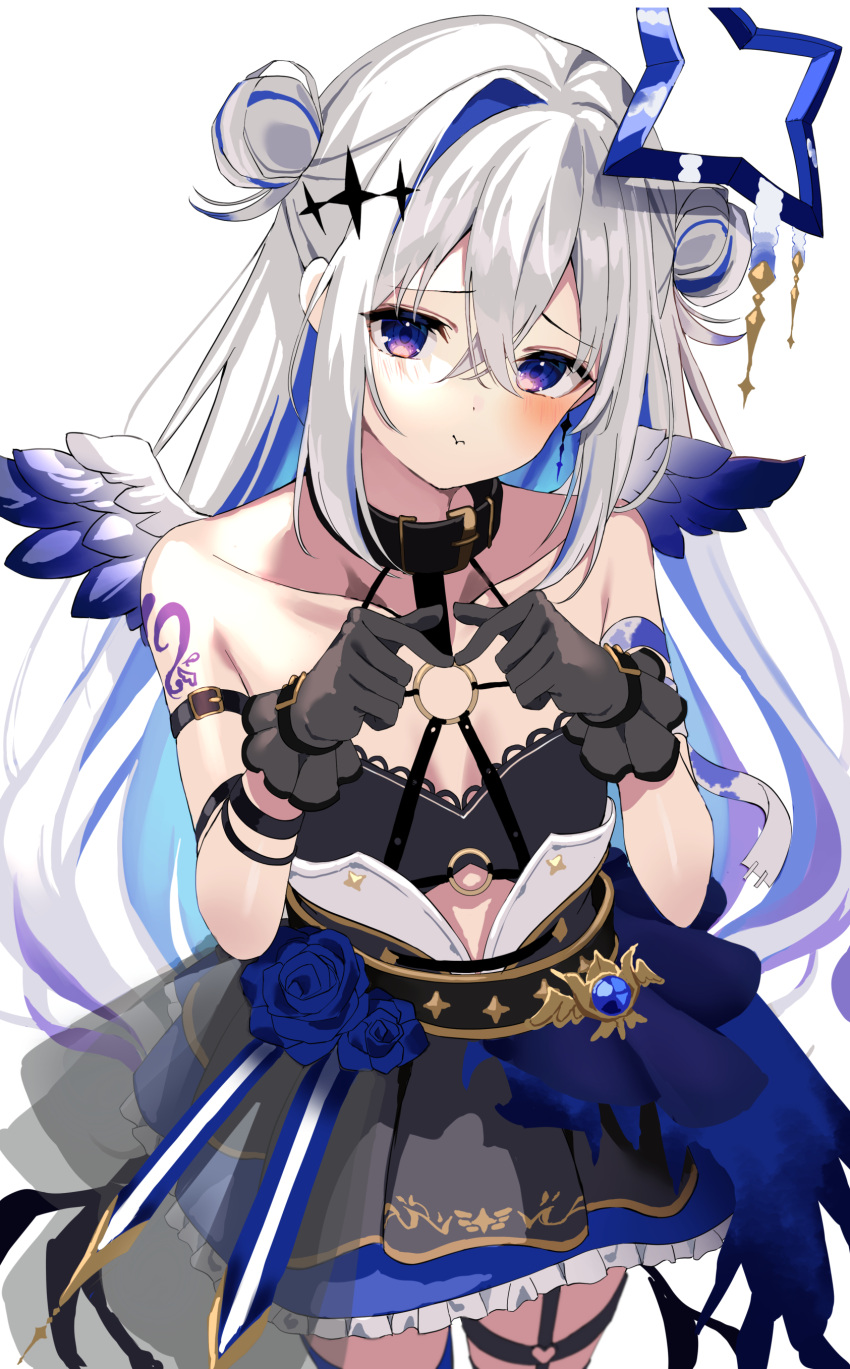 1girl absurdres amane_kanata amane_kanata_(another_world) angel_wings animal_collar arm_strap bandages bare_shoulders belt black_belt black_bra black_collar black_gloves black_skirt blue_flower blue_hair blue_halo blue_rose blue_skirt blush bra breasts chest_harness collar collarbone colored_inner_hair double_bun flower furrowed_brow gloves gradient_hair grey_hair hair_between_eyes hair_bun halo harness heart_o-ring high-waist_skirt highres hololive index_fingers_together lace-trimmed_bra lace_trim layered_skirt long_hair looking_at_viewer miniskirt multicolored_hair o-ring o-ring_thigh_strap o-ring_top pout purple_eyes purple_hair rose sidelocks skirt small_breasts solo streaked_hair thigh_strap underwear uuroncha virtual_youtuber white_background wings wrist_straps