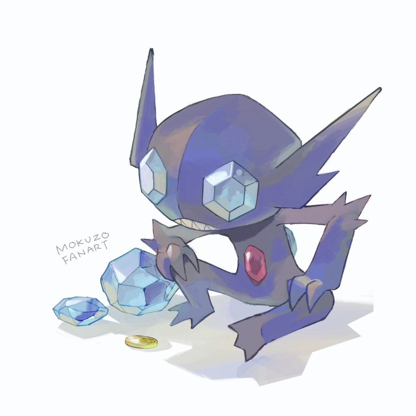 clenched_teeth coin full_body gem hands_on_own_knees highres mokuzou_(moku_ssbu) no_humans pokemon pokemon_(creature) sableye sharp_teeth signature sitting solo teeth white_background