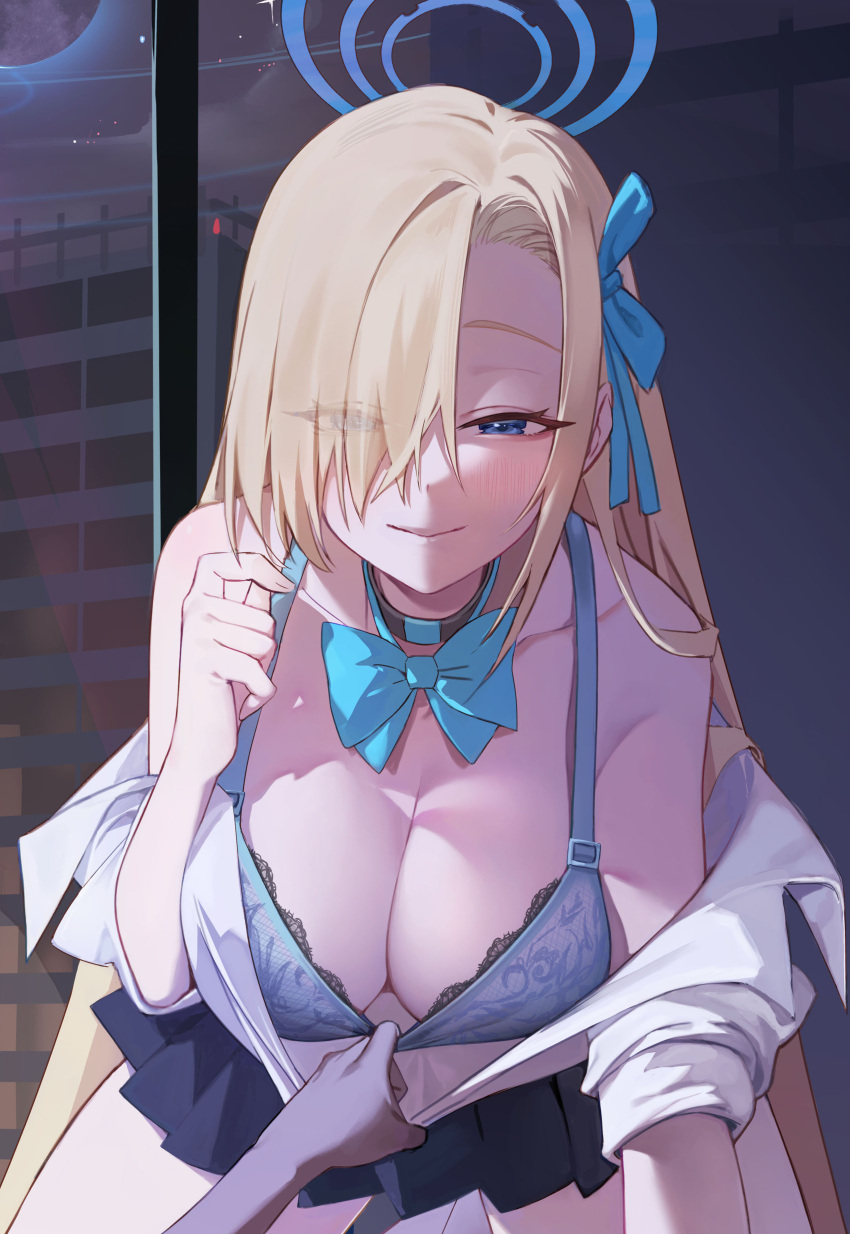 1girl absurdres all_fours asuna_(blue_archive) bare_shoulders blonde_hair blue_archive blue_bow blue_bowtie blue_bra blue_eyes blue_ribbon blush bow bowtie bra bra_pull breasts cleavage closed_mouth clothes_pull collarbone come_hither eyes_visible_through_hair hair_over_one_eye hair_ribbon halo highres indoors large_breasts long_hair looking_at_viewer night night_sky off_shoulder open_clothes ribbon school_uniform seductive_smile shirt skirt sky smile sugarhigh underwear very_long_hair white_shirt