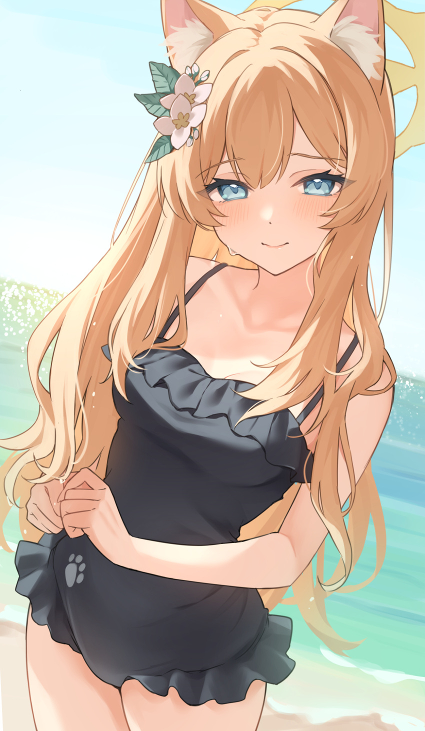 1girl animal_ear_fluff animal_ears bare_arms bare_shoulders beach black_one-piece_swimsuit blue_archive blue_eyes blue_sky blush braid breasts casual_one-piece_swimsuit closed_mouth cloud cowboy_shot flower frilled_one-piece_swimsuit frills hair_between_eyes hair_flower hair_ornament halo highres long_hair looking_at_viewer mari_(blue_archive) mari_(swimsuit)_(blue_archive) ocean official_alternate_costume one-piece_swimsuit orange_hair outdoors sky small_breasts smile solo standing swimsuit teti very_long_hair water