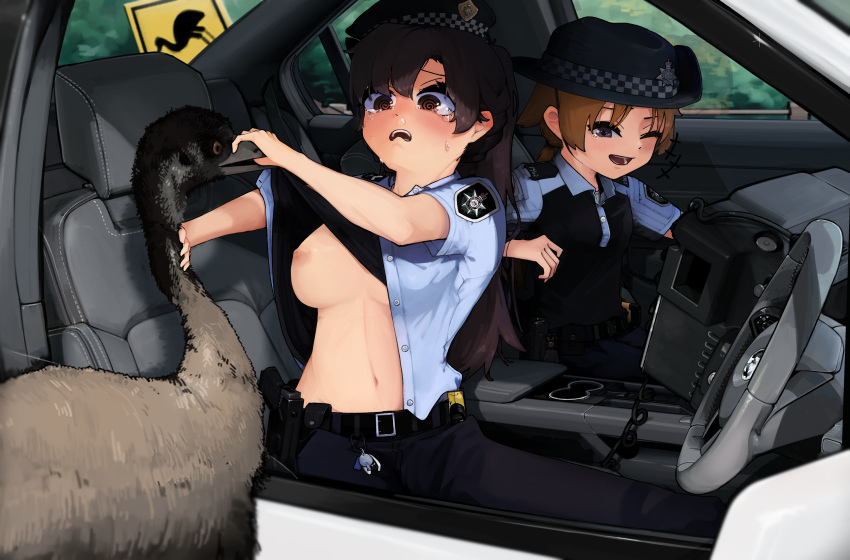 +++ 2girls @_@ animal bird blue_eyes breasts brown_eyes brown_hair car_interior clothes_lift commentary_request dongdong_(0206qwerty) emu f1_(girls'_frontline) frown girls'_frontline gun handgun hat highres holster large_breasts laughing lewis_(girls'_frontline) lifted_by_another multiple_girls navel nipples no_bra one_eye_closed open_mouth police police_hat police_uniform policewoman road_sign shirt_lift sign sitting tears uniform weapon