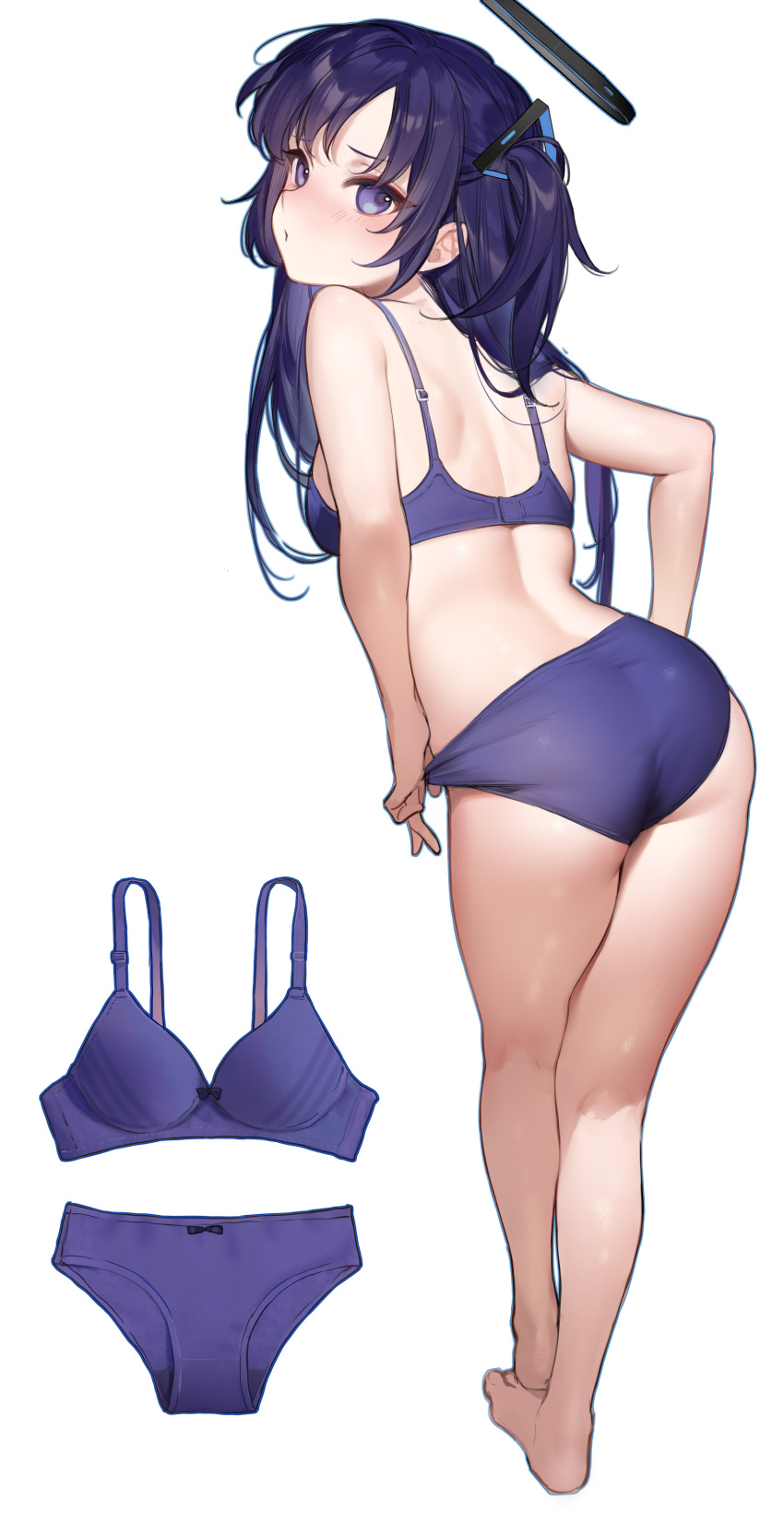 1girl absurdres ass back barefoot blue_archive blue_bra blue_panties blush bra breasts clothes commentary contrapposto from_behind full_body hair_ornament halo highres leaning_forward long_hair looking_at_viewer looking_back medium_breasts panties panty_pull pout pulled_by_self purple_eyes purple_hair sidelocks simple_background smilesmile1312 solo two_side_up underwear underwear_only white_background yuuka_(blue_archive)