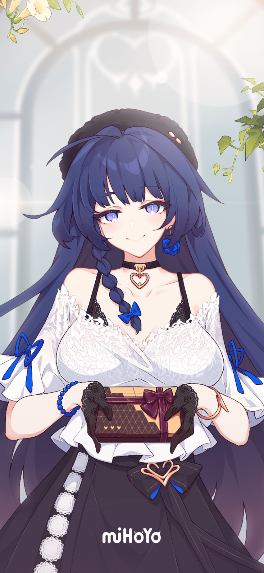 1girl absurdres bare_shoulders beret black_bra black_gloves black_headwear black_skirt box bra bracelet braid breasts choker cleavage closed_mouth commentary commentary_request earrings english_commentary gift gift_box gloves hat highres holding holding_gift honkai_(series) honkai_impact_3rd jewelry large_breasts litsvn long_hair looking_at_viewer off_shoulder purple_eyes purple_hair raiden_mei second-party_source shirt short_sleeves skirt smile solo underwear valentine white_shirt