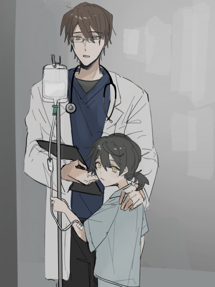 1boy 1girl black_hair blue_shirt brown_eyes brown_hair clinic clipboard coat doctor glasses grey_background hair_between_eyes hand_on_another's_shoulder highres hiyama_kiyoteru holding holding_clipboard hospital hospital_gown intravenous_drip iv_stand kaai_yuki lab_coat looking_at_viewer looking_back low_twintails messy_hair r_grey1204 shirt short_hair short_twintails sick stethoscope turning_head twintails vocaloid white_coat yellow_eyes