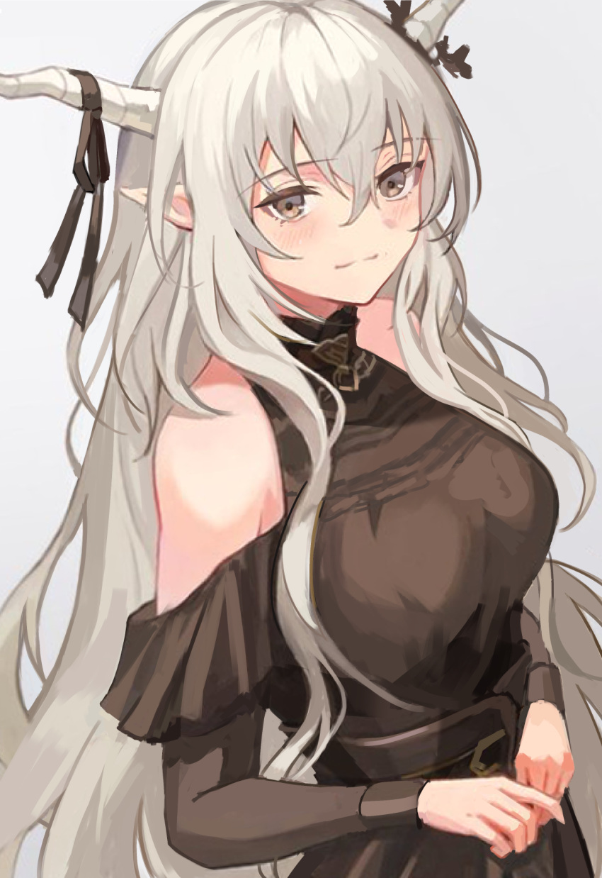 1girl arknights bare_shoulders black_dress black_ribbon clothing_cutout commentary_request dress grey_background grey_eyes grey_hair highres horn_ornament horn_ribbon horns long_hair long_sleeves looking_at_viewer official_alternate_costume ribbon shining_(arknights) shoulder_cutout simple_background smile solo touchika upper_body very_long_hair