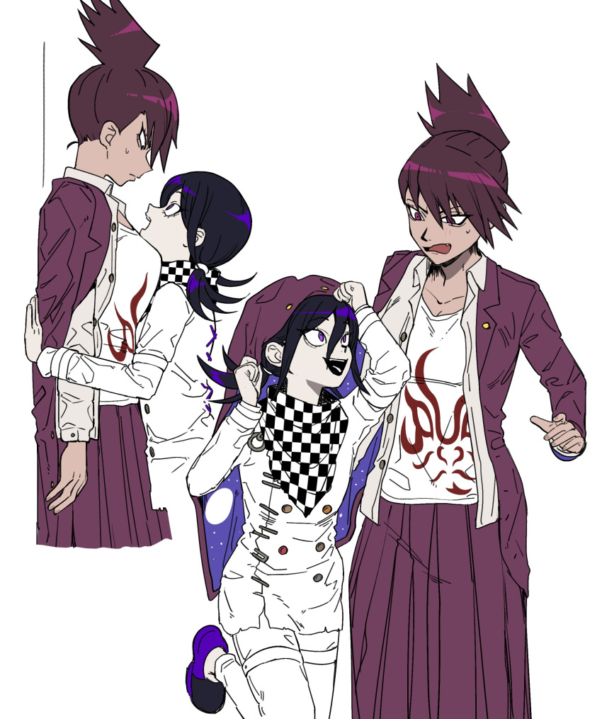 2girls absurdres against_wall blush breasts buttons checkered_clothes checkered_scarf collarbone danganronpa_(series) danganronpa_v3:_killing_harmony double-breasted eye_contact fang genderswap genderswap_(mtf) hair_between_eyes hair_up highres jacket large_breasts long_hair long_sleeves looking_at_another looking_up low_twintails medium_hair miri_(bossu_osu) momota_kaito multiple_girls oma_kokichi open_clothes open_jacket pants pink_jacket pink_skirt pleated_skirt print_shirt scarf shirt skirt smile space_print starry_sky_print sweatdrop teeth twintails white_jacket white_pants white_shirt