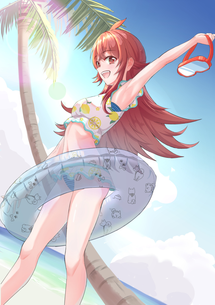 1girl ahoge arm_up armpits beach bikini blush breasts feet_out_of_frame frilled_bikini frills goggles goggles_removed highres holding idolmaster idolmaster_shiny_colors innertube john_kelly komiya_kaho linea_alba long_hair looking_at_viewer navel outdoors outstretched_arm palm_tree red_eyes red_hair sideways_glance small_breasts smile solo swimsuit tree very_long_hair
