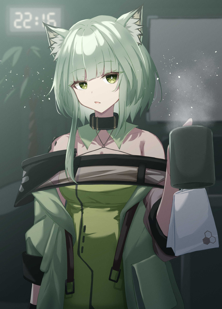 1girl absurdres animal_ear_fluff animal_ears arknights bare_shoulders black_collar breasts cat_ears cat_girl clock collar cup diamond-shaped_pupils diamond_(shape) digital_clock dress green_dress green_eyes green_hair highres holding holding_cup jacket kal'tsit_(arknights) long_sleeves looking_at_viewer medium_breasts mug off-shoulder_dress off_shoulder ogat_0427 open_clothes open_jacket oripathy_lesion_(arknights) parted_lips short_hair solo symbol-shaped_pupils upper_body