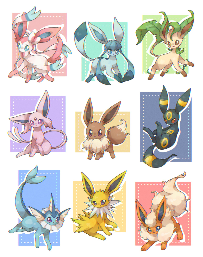 absurdres animal_hands blue_background blue_eyes bow bowtie brown_eyes collage commentary_request dot_nose eevee espeon fins flareon forked_tail fur_collar gem glaceon green_background head_fins highres jolteon leaf leafeon looking_at_viewer no_humans open_mouth pink_background pokemon pokemon_(creature) purple_background purple_eyes red_background red_eyes red_gemstone ribbon sitting sylveon tail towa_(clonea) umbreon vaporeon white_background white_bow white_bowtie white_fur yellow_background yellow_fur