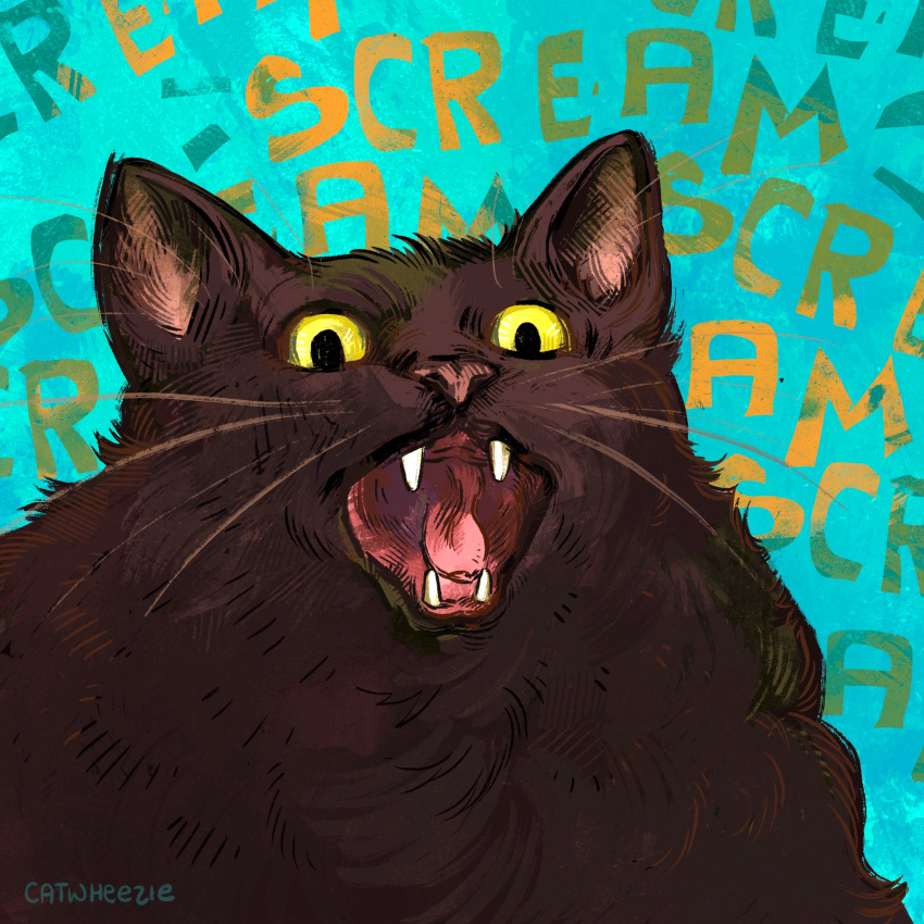 absurd_res ambiguous_gender black_body black_fur catwheezie domestic_cat english_text felid feline felis feral fur hi_res looking_at_viewer mammal pink_nose screaming solo teeth text tongue whiskers yellow_eyes