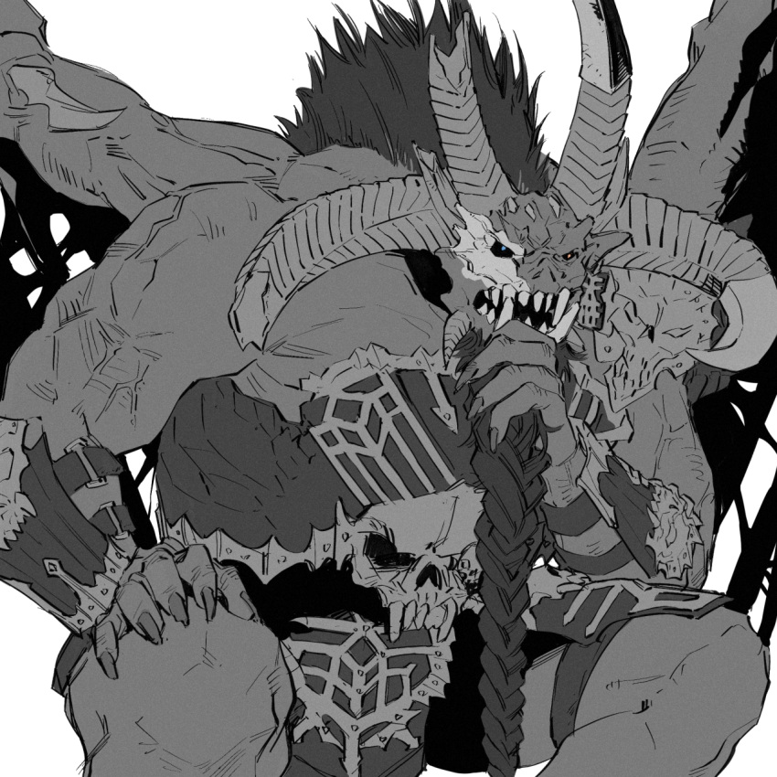 1:1 alpha_channel anthro armor beard biceps bloodthirster bone chaos chaos_daemon claws clothing crouching daemon_of_khorne demon digital_media_(artwork) facial_hair hair hi_res horn male mane membrane_(anatomy) membranous_wings muscular muscular_male muscular_thighs piercing pose sallllltywater simple_background sitting skarbrand skull solo solo_focus teeth thinking thinking_pose vein veiny_muscles warhammer_(franchise) wings