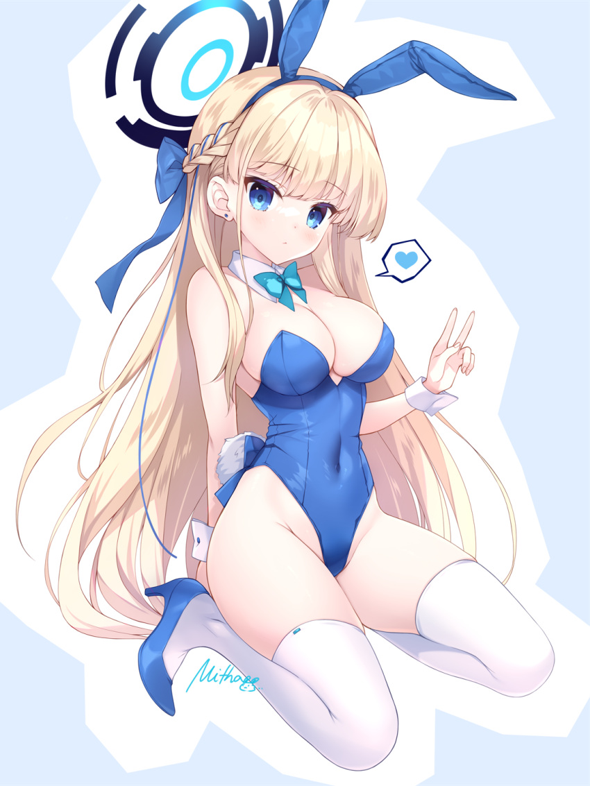 1girl animal_ears aqua_bow aqua_bowtie blonde_hair blue_archive blue_eyes blue_hairband blue_leotard blush bow bowtie braid breasts commentary_request covered_navel detached_collar earpiece fake_animal_ears fake_tail hair_ornament hairband halo high_heels highleg highleg_leotard highres kneeling large_breasts leotard long_hair looking_at_viewer mitha official_alternate_costume playboy_bunny rabbit_ears rabbit_tail solo strapless strapless_leotard tail thighhighs toki_(blue_archive) toki_(bunny)_(blue_archive) v white_thighhighs white_wrist_cuffs wrist_cuffs