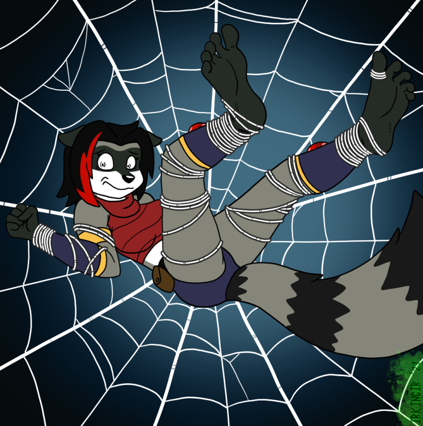 5_toes anthro arthropod_webbing black_hair bound feet female fur grey_body grey_fur hair highlights_(coloring) humanoid_feet irkingir jenn_(irkingir) mammal plantigrade procyonid raccoon solo spider_web toes web_bondage