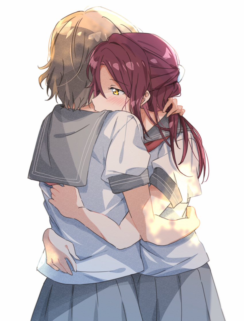 2girls absurdres blush brown_hair grey_sailor_collar grey_skirt hair_between_eyes highres hug long_hair love_live! love_live!_sunshine!! multiple_girls pleated_skirt red_hair sailor_collar sailor_shirt sakurauchi_riko school_uniform shirt short_hair short_sleeves simple_background skirt uranohoshi_school_uniform watanabe_you white_background white_shirt yellow_eyes yuchi_(salmon-1000)