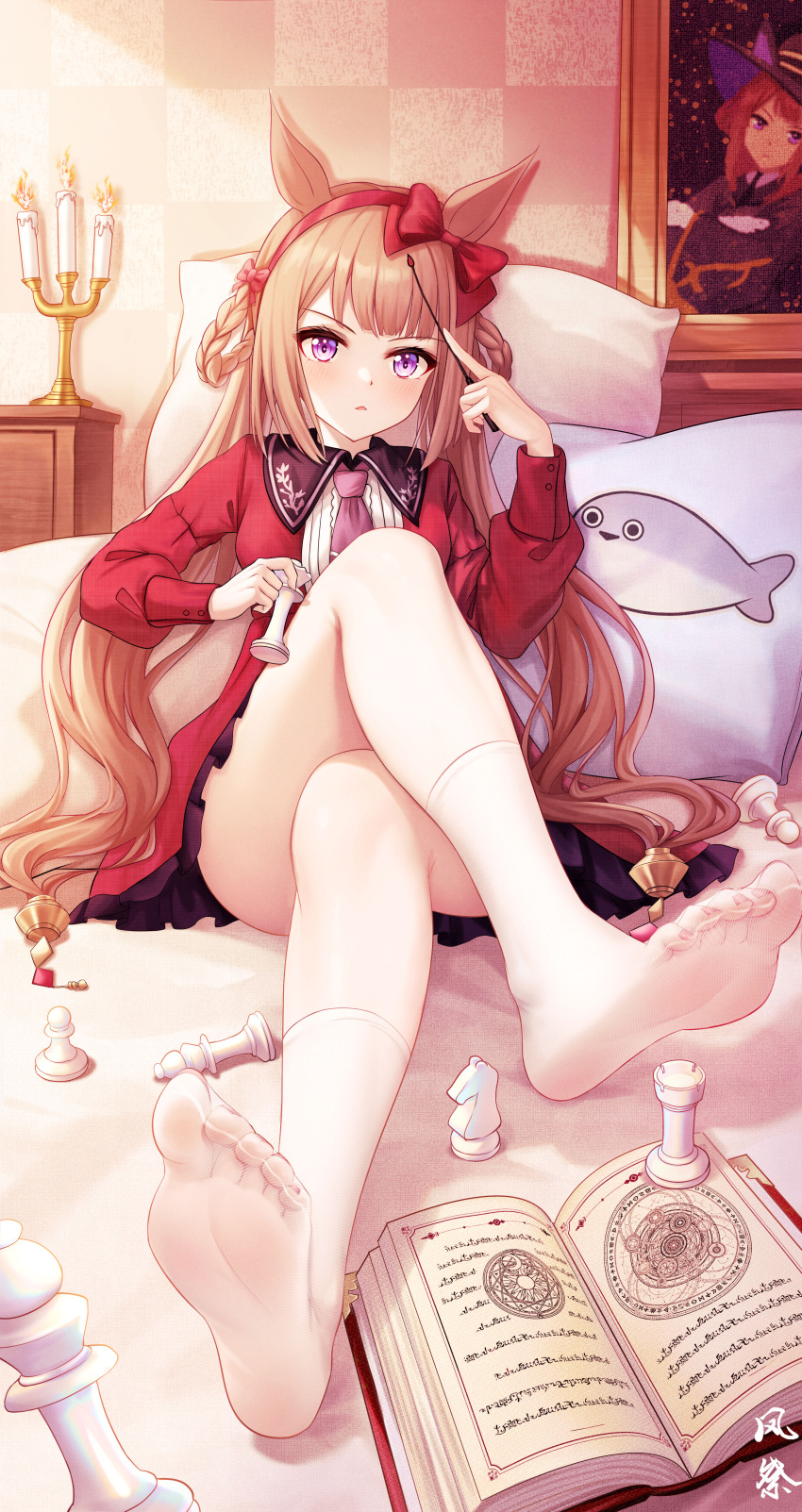 1girl absurdres alternate_costume barefoot bishop_(chess) board_game book brown_hair chess chess_piece commentary_request dress ear_bow ear_covers feet fish hair_rings hairband hat highres holding_chess_piece horse_girl kazamatsuri_honatsu long_hair long_sleeves nail_polish necktie on_bed pawn_(chess) pillow purple_eyes purple_necktie red_dress red_hairband red_nails socks soles solo sweep_tosho_(umamusume) toenail_polish toenails toes umamusume very_long_hair white_socks witch_hat