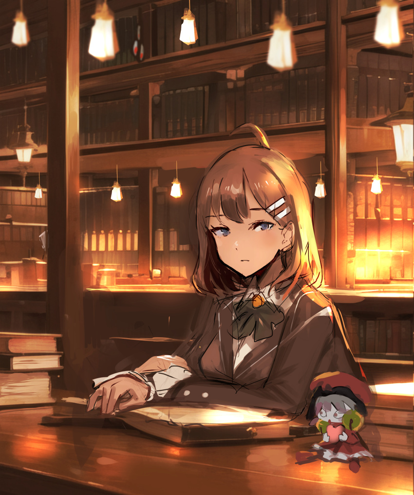 2girls ahoge blue_eyes book bookshelf bow bowtie breasts brown_coat brown_hair brown_theme chuhaibane coat collared_shirt desk green_bow green_bowtie highres hod_(project_moon) indoors laetitia_(lobotomy_corporation) lamp library library_of_ruina long_sleeves looking_at_viewer medium_breasts medium_hair mini_person minigirl multiple_girls open_book project_moon shirt white_shirt