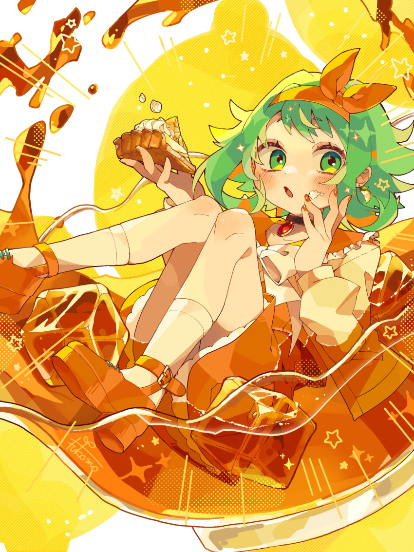 1girl :o a.i._voice artist_name blush cream cream_on_face food food_on_face fukomo full_body green_eyes green_hair gumi gumi_(a.i._voice) hairband headband highres holding holding_food looking_at_viewer motion_lines orange_footwear orange_headband pie pie_slice sailor_collar shoes short_hair socks solo vocaloid white_socks