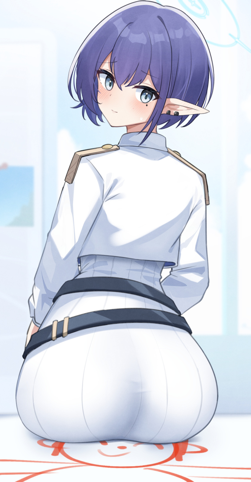 1girl absurdres aoi_(blue_archive) arona's_sensei_doodle_(blue_archive) ass ass_focus belt blue_archive blush earclip halo highres jacket looking_at_viewer looking_back loose_belt mole mole_under_eye nassss pointy_ears purple_hair ribbed_skirt sensei_(blue_archive) sitting skirt solo white_jacket white_skirt