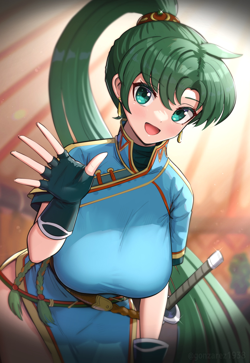 1girl :d absurdres belt black_gloves blue_dress breasts brown_belt commentary_request dress earrings fingerless_gloves fire_emblem fire_emblem:_the_blazing_blade gloves gonzarez green_eyes green_hair highres indoors jewelry large_breasts leaning_forward long_hair looking_at_viewer lyn_(fire_emblem) open_mouth ponytail short_sleeves smile solo sword very_long_hair weapon