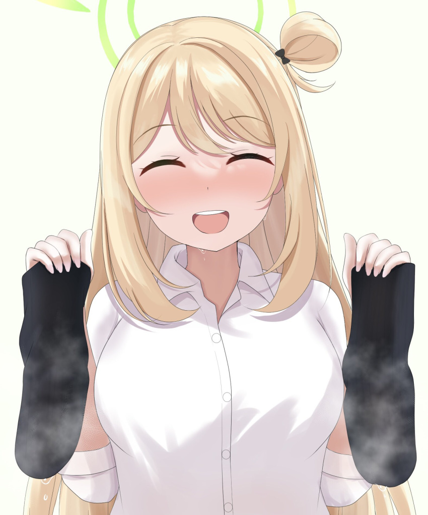 1girl black_bow black_socks blonde_hair blue_archive blush bow breasts closed_eyes commentary_request eyelashes hair_bow halo hands_up highres holding large_breasts long_hair long_sleeves looking_at_viewer nonomi_(blue_archive) one_side_up open_mouth s-t_y-y_rfr shirt smell socks socks_removed solo sweatdrop teeth upper_body upper_teeth_only wet_legwear white_shirt