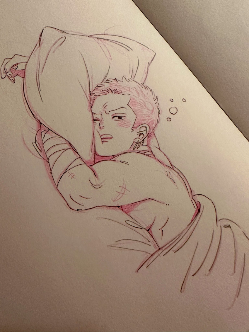 1boy bed_sheet blush drunk dutch_angle highres looking_at_viewer lying mainitinemuo0 male_focus nude on_stomach one_piece pen_(medium) photo_(medium) red_theme roronoa_zoro short_hair sleep_bubble solo toned toned_male traditional_media under_covers upper_body