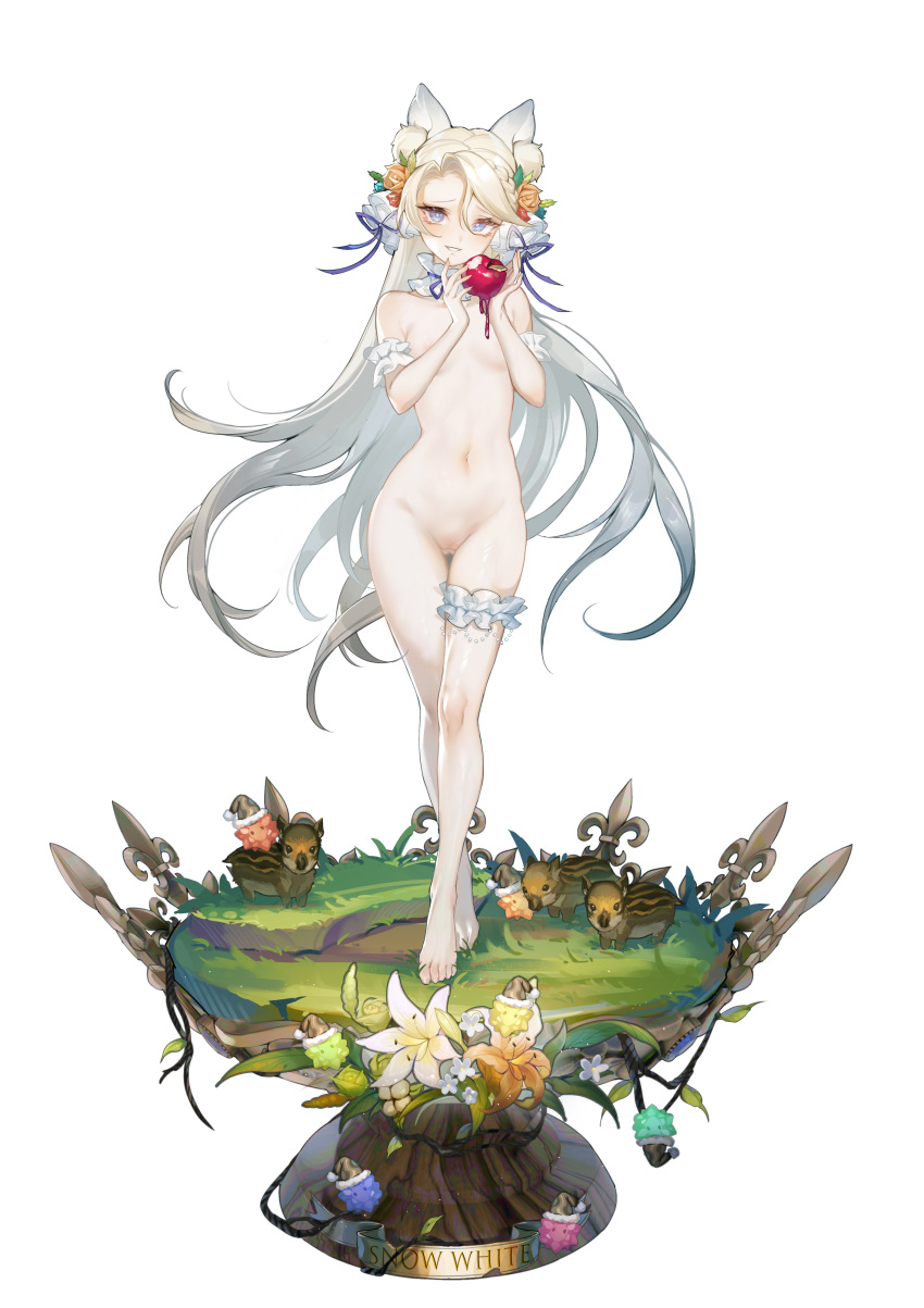 1girl absurdres animal animal_ear_fluff animal_ears apple armband ass_visible_through_thighs barefoot blue_eyes braid breasts character_name cleft_of_venus collar commentary_request crossed_legs detached_collar dress figure figure_stage flower food frilled_armband frilled_collar frilled_straps frills frown fruit full_body gradient_hair grimm's_fairy_tales groin hair_between_eyes hair_flower hair_ornament highres holding holding_food holding_fruit light_smile long_hair looking_at_viewer multicolored_hair navel nude off-shoulder_dress off_shoulder on_grass orange_flower original parted_lips puffy_short_sleeves puffy_sleeves pussy red_apple sai_ichirou short_sleeves simple_background single_braid small_breasts snow_white snow_white_(grimm) solo standing straight-on thigh_gap thigh_sex white_armband white_background white_footwear