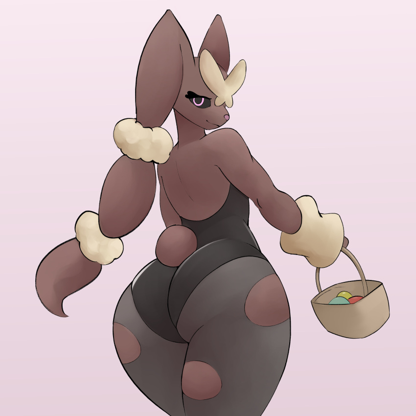 1:1 absurd_res ambiguous_gender anthro basket big_butt butt clothing container easter easter_egg hi_res holidays i_will_dance_only_if_the_beat_is_funky lagomorph legwear leotard leporid looking_back mammal mega_evolution mega_lopunny nintendo pokemon pokemon_(species) rabbit rear_view seductive smile solo stockings thick_thighs torn_clothing torn_legwear torn_stockings wide_hips