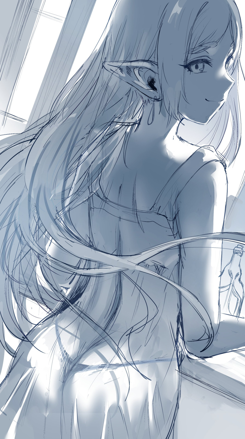1girl absurdres alternate_hairstyle ass ass_focus earrings elf frieren from_behind hair_down hews highres jewelry long_hair looking_at_viewer monochrome negligee pointy_ears seductive_smile sketch smile solo sousou_no_frieren thong unfinished