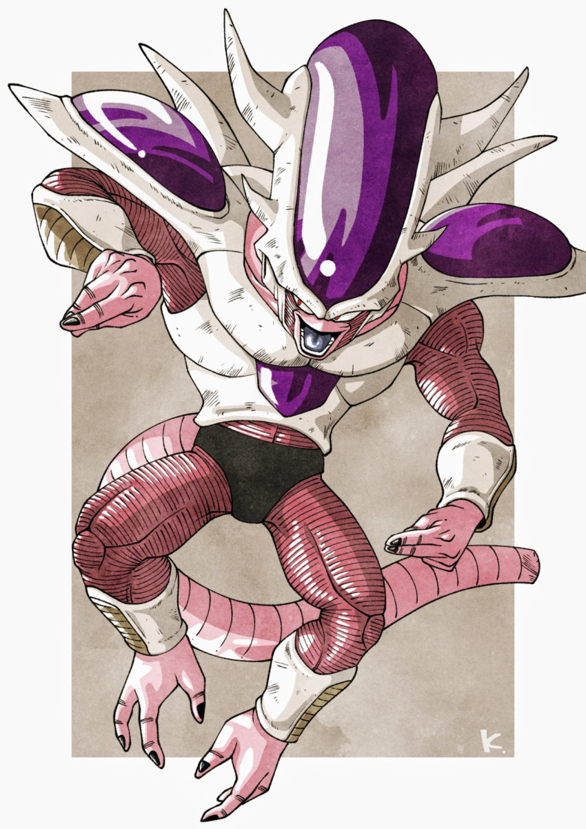 1boy alien armor dragon_ball frieza highres kakeru_(dbskakeru) open_mouth red_eyes simple_background solo teeth toriyama_akira_(style)