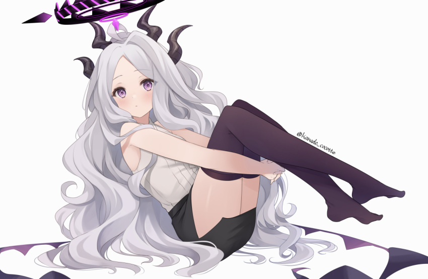1girl bare_arms black_skirt blue_archive center_frills closed_mouth collared_shirt commentary demon_horns demon_wings feet_up forehead frills from_side grey_hair halo hina_(blue_archive) horns ichinose_(sorario) light_blush long_hair looking_at_viewer miniskirt no_shoes parted_bangs pencil_skirt purple_eyes purple_thighhighs shirt simple_background skirt sleeveless sleeveless_shirt solo thighhighs twitter_username very_long_hair wavy_hair white_background white_shirt wings