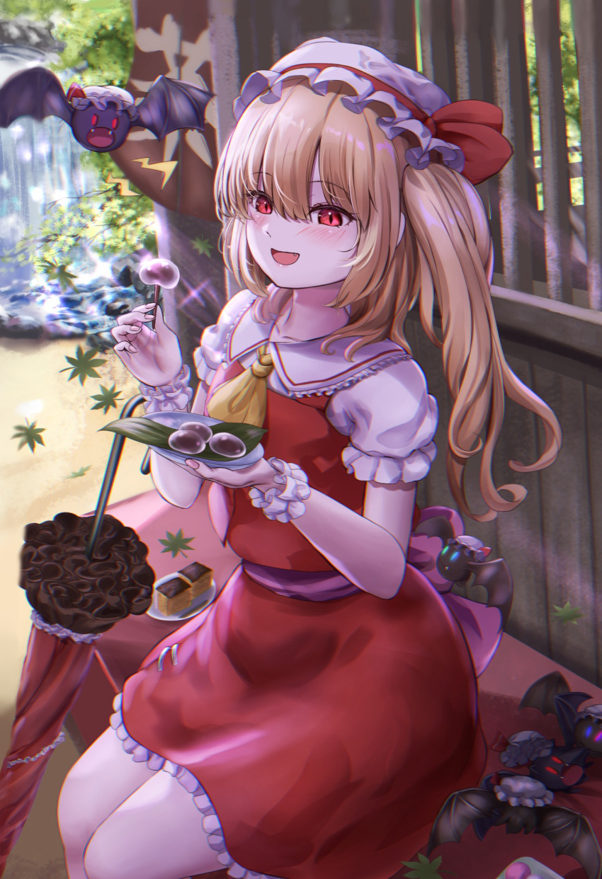 ascot back_bow bow closed_umbrella collarbone collared_shirt day fangs feet_out_of_frame flandre_scarlet food frilled_shirt_collar frilled_skirt frilled_sleeves frills hat hat_ribbon highres holding holding_food looking_at_another mob_cap nail_polish outdoors pink_bow pink_nails puffy_short_sleeves puffy_sleeves red_eyes red_ribbon red_skirt red_umbrella red_vest remilia_scarlet remilia_scarlet_(bat) ribbon sabakuomoto shirt short_sleeves sitting skirt skirt_set touhou umbrella vest water waterfall white_headwear white_shirt wrist_cuffs yellow_ascot