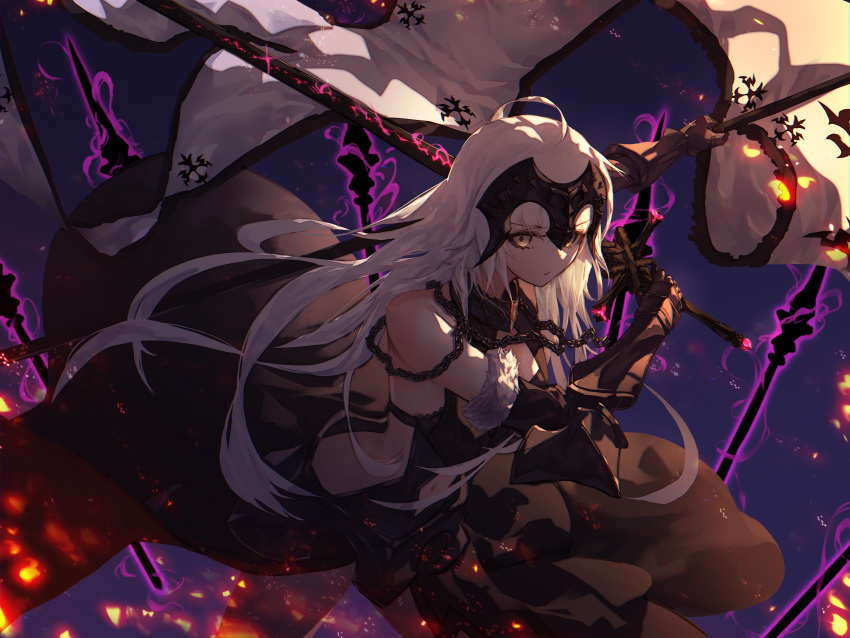 1girl absurdres ahoge armor armored_dress banner bare_shoulders black_dress breasts chain closed_mouth clothing_cutout commentary dress duplicate dutch_angle fate/grand_order fate_(series) flag from_above fur_trim gauntlets godoju hair_between_eyes headpiece highres holding holding_sword holding_weapon jeanne_d'arc_alter_(avenger)_(fate) jeanne_d'arc_alter_(avenger)_(third_ascension)_(fate) jeanne_d'arc_alter_(fate) long_hair looking_at_viewer navel navel_cutout photoshop_(medium) pixel-perfect_duplicate shadow solo sparks sword weapon white_hair yellow_eyes