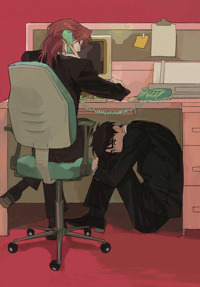 2boys black_eyes black_footwear black_hair black_jacket black_pants brown_hair chair commentary computer desk full_body highres hugging_own_legs ichijou_seiya jacket kaiji long_hair looking_at_viewer looking_back male_focus multiple_boys murakami_tamotsu office_chair pants phone red_background shoes short_hair standing sticky_note suit swivel_chair under_table xt1125cj