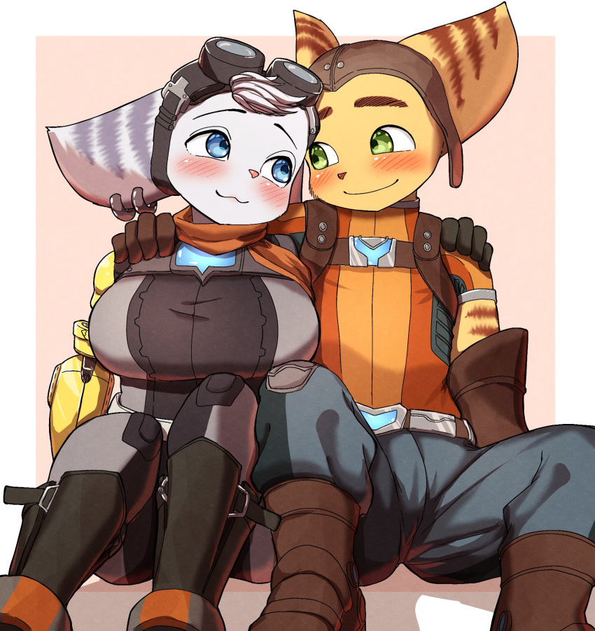 anthro big_breasts blue_eyes blush boots breasts clothed clothing duo ear_piercing eyewear female footwear fur gloves goggles green_eyes handwear hi_res kagarimachi_ame kemono lombax looking_at_another male male/female mammal piercing prosthetic prosthetic_arm prosthetic_limb ratchet ratchet_and_clank rivet_(ratchet_and_clank) robotic_arm romantic romantic_couple smile sony_corporation sony_interactive_entertainment striped_body striped_fur stripes yellow_body yellow_fur