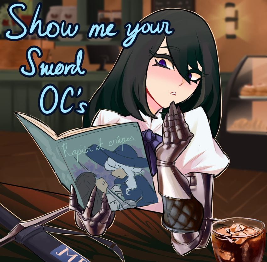 1girl black_hair blue_coat blue_headwear blurry blurry_background blush book bow bowtie brown_hair cafe centurii-chan_(artist) coat drink elbow_on_table english_text food gauntlets hair_between_eyes highres holding holding_book ice ice_cube interior long_hair monitor original purple_bow purple_bowtie purple_eyes rapier sheath sheathed shirt sword table weapon white_headwear white_shirt