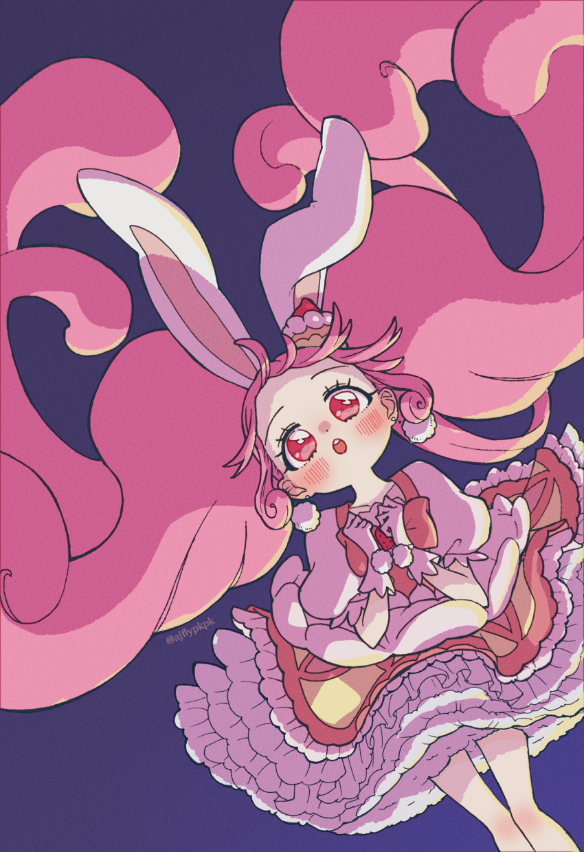 1girl aji_fry animal_ears bow cake_hair_ornament commentary_request cure_whip dress earrings extra_ears food-themed_hair_ornament food-themed_ornament fruit_brooch gloves hair_ornament highres jewelry kirakira_precure_a_la_mode long_hair magical_girl open_mouth pink_hair pom_pom_(clothes) pom_pom_earrings precure rabbit_ears red_eyes strawberry_brooch twintails usami_ichika