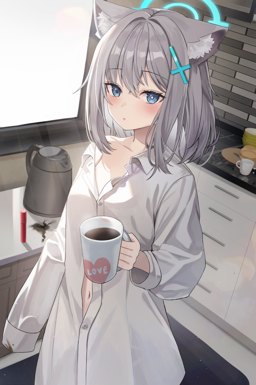 1girl :o blue_archive blue_eyes breasts bright_pupils button_gap coffee commentary_request cross_hair_ornament cup hair_ornament highres holding holding_cup kitchen looking_at_viewer mismatched_pupils nannung navel off_shoulder shiroko_(blue_archive) shirt sleeves_past_fingers sleeves_past_wrists small_breasts solo white_pupils white_shirt