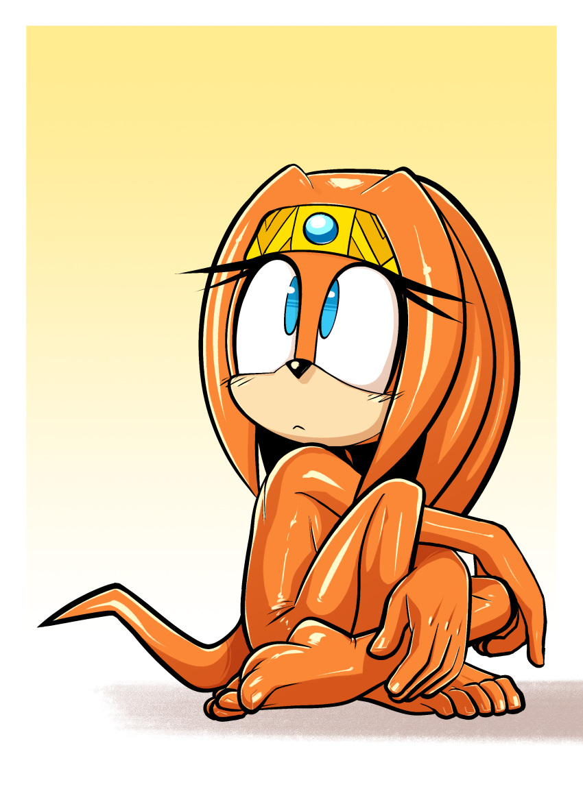 2023 absurd_res anthro barefoot blue_eyes echidna feet female hi_res lettuce_(artist) mammal monotreme multicolored_body nude orange_body sega simple_background soles solo sonic_adventure sonic_the_hedgehog_(series) tan_body tikal_the_echidna two_tone_body
