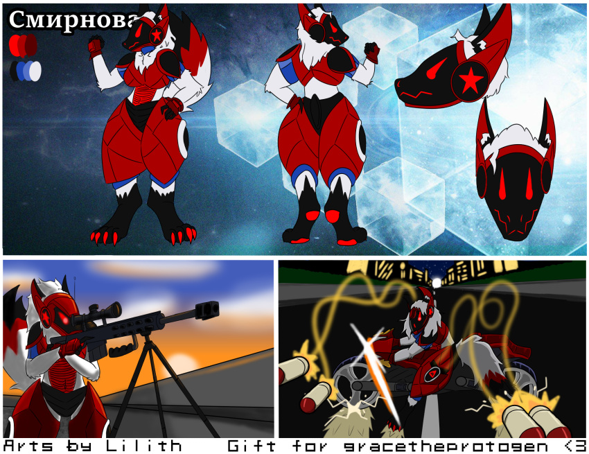 akira_bike_slide anthro armor athletic battle city cityscape clothing cryptid_queen evening female fur gloves grace_smirnova gun handwear hi_res machine model_sheet motorcycle night protogen ranged_weapon red_armor red_body rifle road sniper_rifle solo thick_thighs vehicle weapon white_body white_fur