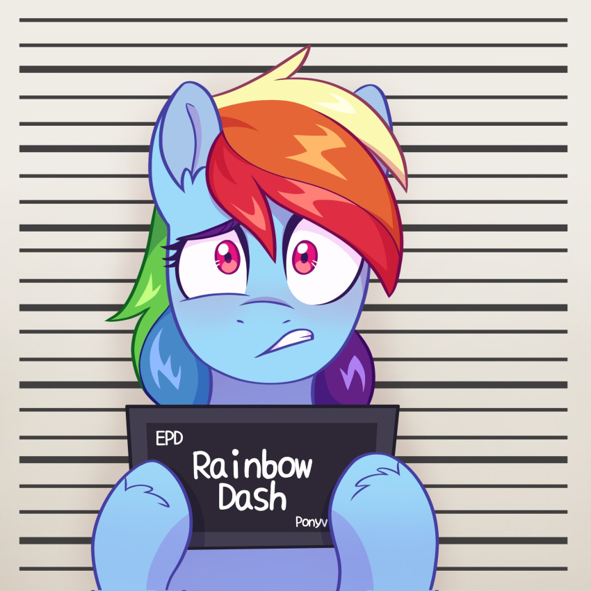 1girl barbie_(franchise) barbie_(live_action) barbie_mugshot_(meme) character_name colored_skin english_text highres looking_at_viewer meme mugshot multicolored_hair my_little_pony my_little_pony:_friendship_is_magic rainbow_dash rainbow_hair red_eyes skysorbett solo upper_body