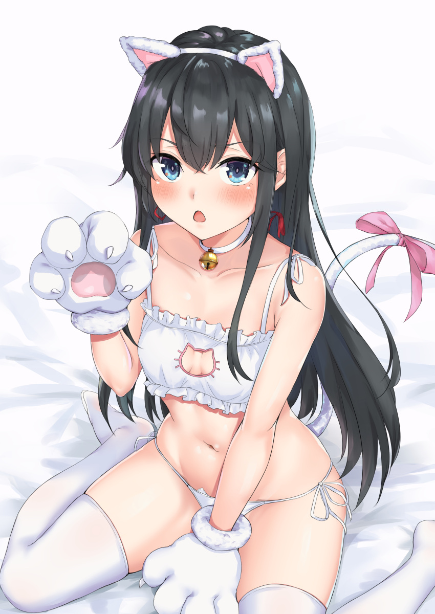 1girl absurdres animal_hands bed_sheet bell black_hair blue_eyes bow bra breasts cat_cutout cat_ear_panties cat_lingerie cat_paws cat_tail clothing_cutout collarbone frilled_bra frills highres long_hair looking_at_viewer meme_attire meri-san navel neck_bell neck_ribbon open_mouth panties paw_pose red_ribbon ribbon side-tie_panties sitting small_breasts solo string_panties tail tail_bow tail_ornament thighhighs underwear wariza white_bra white_panties white_thighhighs yahari_ore_no_seishun_lovecome_wa_machigatteiru. yukinoshita_yukino