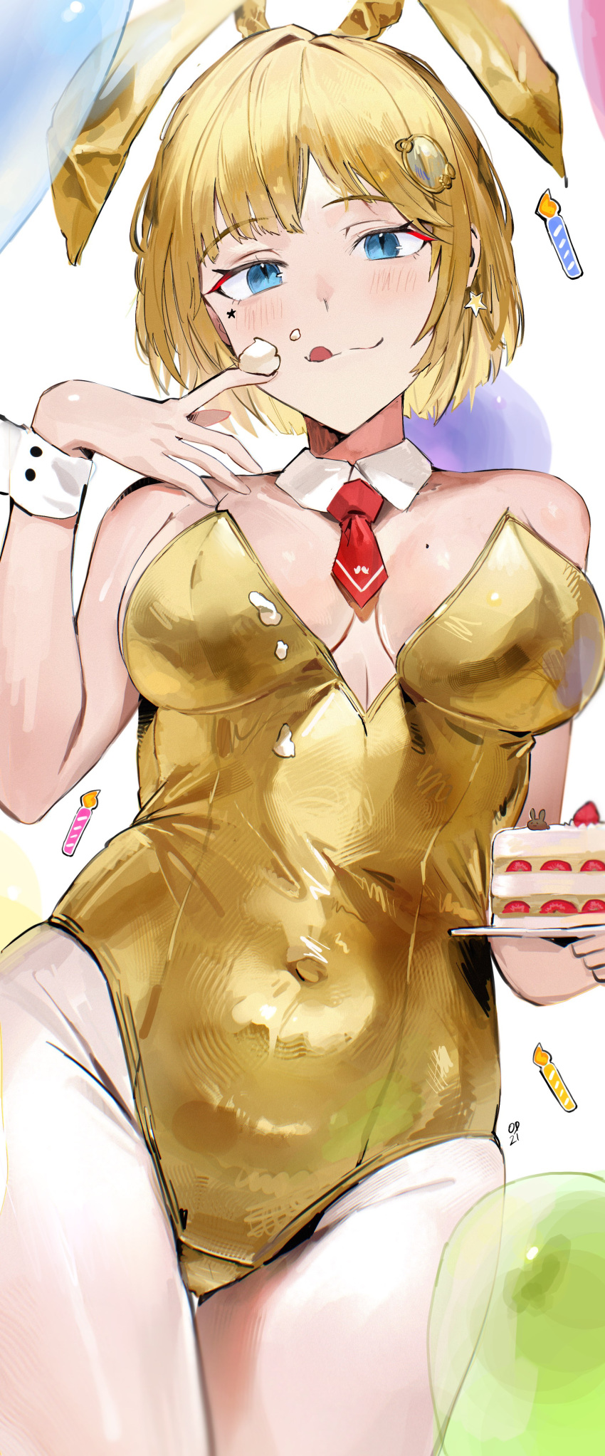 1girl absurdres animal_ears balloon blonde_hair blue_eyes breasts cake cake_slice candle cleavage closed_mouth detached_collar fake_animal_ears food food_on_body food_on_face food_on_hand hair_ornament hairpin highres holding holding_plate hololive hololive_english leotard looking_at_viewer medium_hair necktie odyssey_21 plate playboy_bunny rabbit_ears rabbit_tail red_necktie smile solo standing strawberry_shortcake tail tongue tongue_out virtual_youtuber watson_amelia yellow_leotard