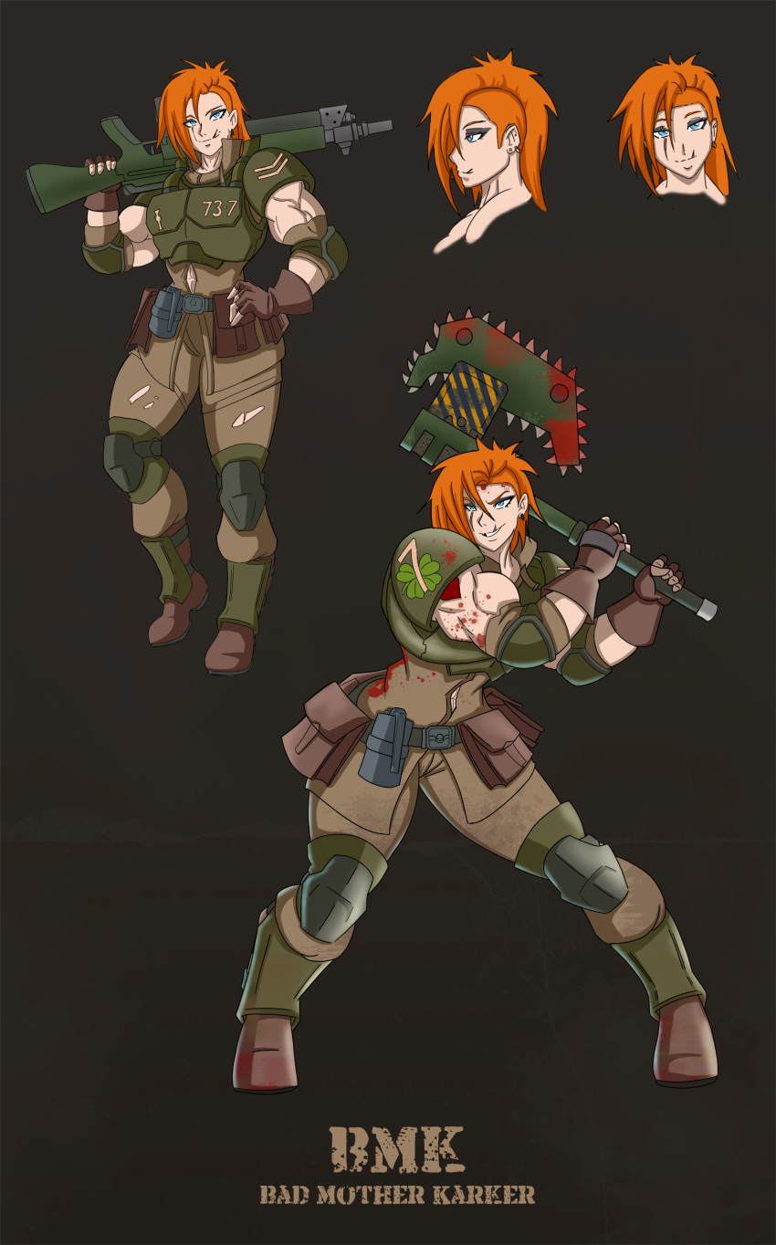 1girl absurdres ammunition_pouch armor astra_militarum blood blood_on_clothes blood_on_face blue_eyes boots chain_axe clover earrings english_text explosive fingerless_gloves four-leaf_clover gespenjaeger gloves grenade gun highres jewelry knee_pads lasgun muscular muscular_female orange_hair over_shoulder pouch rifle scar scar_across_eye single_earring solo spiked_hair warhammer_40k weapon weapon_over_shoulder