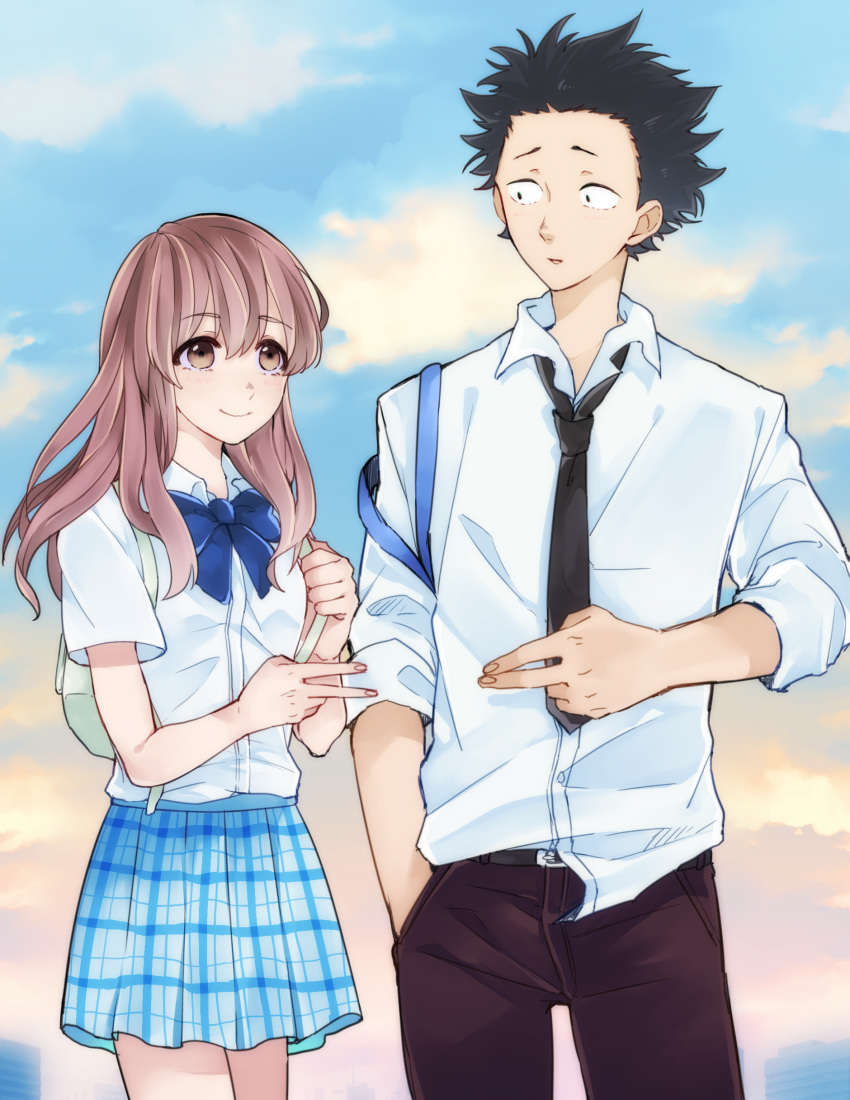 1boy 1girl :d absurdres backpack bag belt black_eyes black_hair black_necktie blue_bow blue_bowtie blue_skirt blue_sky bow bowtie brown_eyes brown_hair brown_pants closed_mouth cloud cloudy_sky collared_shirt cowboy_shot hand_in_pocket highres ishida_shouya koe_no_katachi long_hair looking_at_another momokuma_(bdwn33) necktie nishimiya_shouko open_mouth outdoors pants plaid plaid_skirt shirt short_hair short_sleeves skirt sky smile spiked_hair v white_shirt