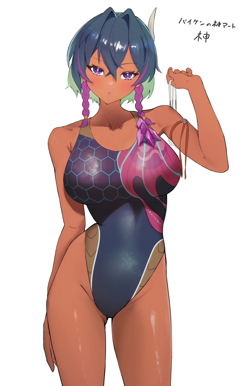 1girl absurdres aogiri_shinobu arm_strap bare_shoulders braid breasts dark-skinned_female dark_skin duel_masters green_hair hair_ornament highres large_breasts matsukan_(dug_pile) multicolored_hair one-piece_swimsuit personification pink_hair solo standing swimsuit tsurime twin_braids