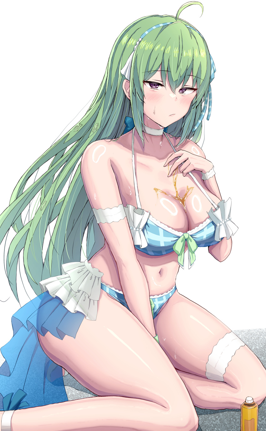 1girl :/ absurdres ahoge ankle_strap applying_sunscreen arm_behind_back arm_strap assault_lily bare_legs bare_shoulders between_legs bikini blue_bikini blue_hairband blue_ribbon blush breasts chin_gero choker cleavage closed_mouth commentary_request foot_out_of_frame frilled_bikini frills gem glint green_hair hair_between_eyes hair_ribbon hairband halterneck hand_between_legs hand_on_own_chest hand_up highres long_hair looking_at_viewer lotion lotion_bottle medium_breasts navel official_alternate_costume pearl_(gemstone) plaid plaid_bikini purple_eyes ribbon simple_background sitting solo stomach sunscreen swimsuit tanaka_ichi thigh_strap very_long_hair wet white_background white_choker wristband yokozuwari