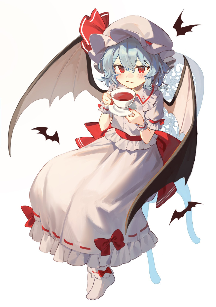 1girl bat_wings black_tea black_wings blue_hair blush chair closed_mouth collared_shirt cup fingernails frilled_shirt_collar frilled_skirt frills full_body hair_between_eyes hat hat_ribbon highres holding jill_07km mob_cap nail_polish red_eyes red_nails red_ribbon remilia_scarlet ribbon shirt short_hair short_sleeves simple_background sitting skirt socks solo tea touhou white_background white_headwear white_shirt white_skirt white_socks wings wrist_cuffs