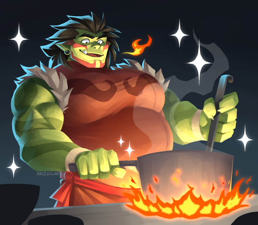 battle_chef_brigade belly clothed clothing cooking cookware eyebrows fire frying_pan green_body green_skin hair hi_res humanoid humanoid_pointy_ears kitchen_utensils male musclegut muscular muscular_humanoid muscular_male orc overweight overweight_humanoid overweight_male racesolar solo sparkles teeth thrash_(battle_chef_brigade) tools